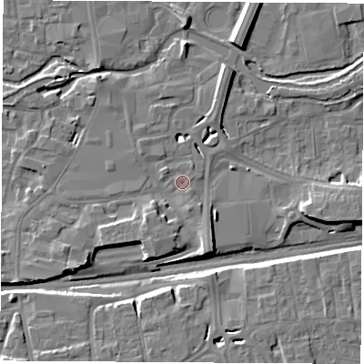 Shaded relief map of the ground around RG145BY, computed from Environment Agency LiDAR. The ground here sits at about 76 m above sea level and falls 9 m across the surrounding 800 m. Surface water reaching this point runs off ground lying to the south-south-east, 3.6 m higher.