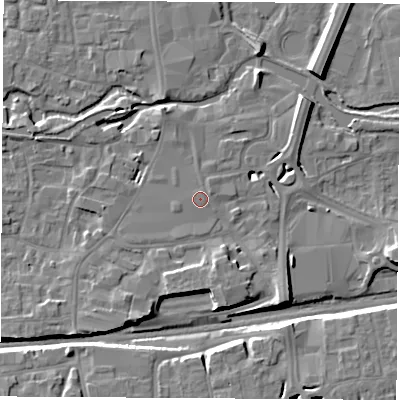 Shaded relief map of the ground around RG145DB, computed from Environment Agency LiDAR. The ground here sits at about 77 m above sea level and falls 9 m across the surrounding 800 m. The ground contributing surface water to this point lies to the east.