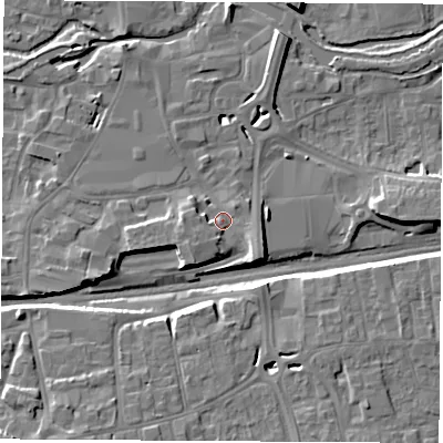 Shaded relief map of the ground around RG145DD, computed from Environment Agency LiDAR. The ground here sits at about 78 m above sea level and falls 12 m across the surrounding 800 m. Surface water reaching this point runs off ground lying to the south-east, 3.0 m higher.
