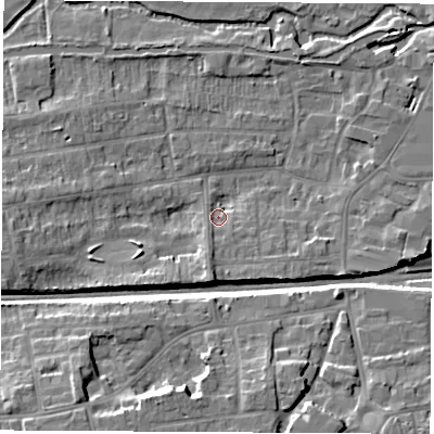 Shaded relief map of the ground around RG145DE, computed from Environment Agency LiDAR. The ground here sits at about 77 m above sea level and falls 12 m across the surrounding 800 m. Surface water reaching this point runs off ground lying to the south, 5.7 m higher.