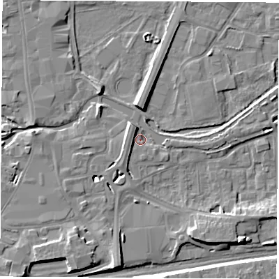 Shaded relief map of the ground around RG145DF, computed from Environment Agency LiDAR. The ground here sits at about 76 m above sea level and falls 9 m across the surrounding 800 m. Surface water reaching this point runs off ground lying to the west-north-west, 3.6 m higher.