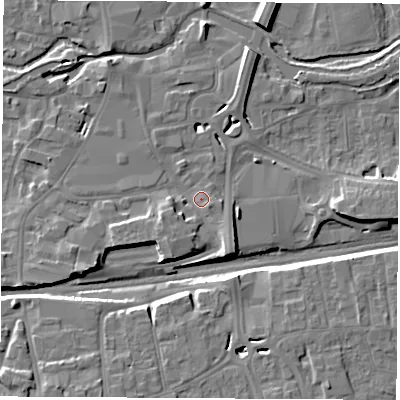 Shaded relief map of the ground around RG145DH, computed from Environment Agency LiDAR. The ground here sits at about 77 m above sea level and falls 10 m across the surrounding 800 m. Surface water reaching this point runs off ground lying to the south-south-east, 3.5 m higher.