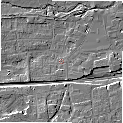 Shaded relief map of the ground around RG145DL, computed from Environment Agency LiDAR. The ground here sits at about 77 m above sea level and falls 14 m across the surrounding 800 m. Surface water reaching this point runs off ground lying to the south-south-west, 3.0 m higher.