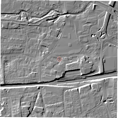 Shaded relief map of the ground around RG145DP, computed from Environment Agency LiDAR. The ground here sits at about 77 m above sea level and falls 13 m across the surrounding 800 m. Surface water reaching this point runs off ground lying to the south-east, 2.6 m higher.
