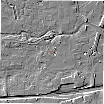 Shaded relief map of the ground around RG145DQ, computed from Environment Agency LiDAR. The ground here sits at about 77 m above sea level and falls 9 m across the surrounding 800 m. Surface water reaching this point runs off ground lying to the south, 3.9 m higher.