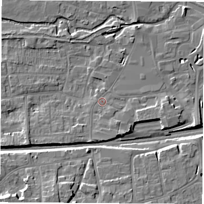 Shaded relief map of the ground around RG145DT, computed from Environment Agency LiDAR. The ground here sits at about 77 m above sea level and falls 14 m across the surrounding 800 m. Surface water reaching this point runs off ground lying to the south-south-east, 2.2 m higher.