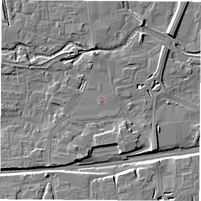 Shaded relief map of the ground around RG145EN, computed from Environment Agency LiDAR. The ground here sits at about 77 m above sea level and falls 9 m across the surrounding 800 m. The ground contributing surface water to this point lies to the south-south-west.