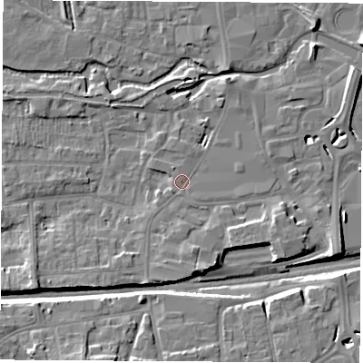 Shaded relief map of the ground around RG145EU, computed from Environment Agency LiDAR. The ground here sits at about 77 m above sea level and falls 12 m across the surrounding 800 m. Surface water reaching this point runs off ground lying to the south, 2.4 m higher.