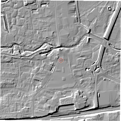 Shaded relief map of the ground around RG145HB, computed from Environment Agency LiDAR. The ground here sits at about 77 m above sea level and falls 8 m across the surrounding 800 m. Surface water reaching this point runs off ground lying to the north, 1.1 m higher.