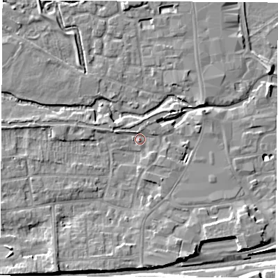 Shaded relief map of the ground around RG145HG, computed from Environment Agency LiDAR. The ground here sits at about 77 m above sea level and falls 8 m across the surrounding 800 m. Surface water reaching this point runs off ground lying to the south-west, 5.9 m higher.