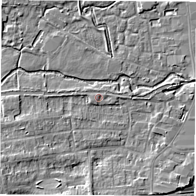 Shaded relief map of the ground around RG145HL, computed from Environment Agency LiDAR. The ground here sits at about 77 m above sea level and falls 8 m across the surrounding 800 m. Surface water reaching this point runs off ground lying to the east, 1.0 m higher.