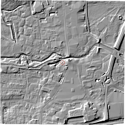 Shaded relief map of the ground around RG145HP, computed from Environment Agency LiDAR. The ground here sits at about 76 m above sea level and falls 8 m across the surrounding 800 m. Surface water reaching this point runs off ground lying to the east, 5.1 m higher.