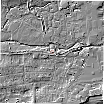 Shaded relief map of the ground around RG145HR, computed from Environment Agency LiDAR. The ground here sits at about 77 m above sea level and falls 6 m across the surrounding 800 m. Surface water reaching this point runs off ground lying to the east-south-east, 1.0 m higher.