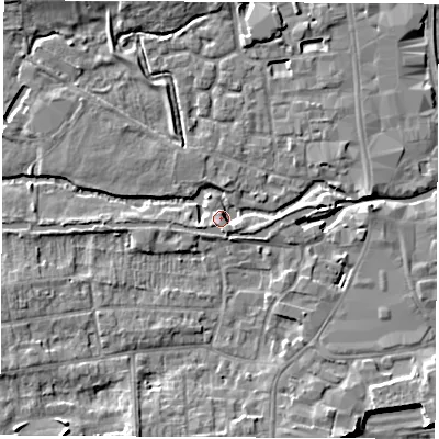 Shaded relief map of the ground around RG145HT, computed from Environment Agency LiDAR. The ground here sits at about 77 m above sea level and falls 6 m across the surrounding 800 m. Surface water reaching this point runs off ground lying to the north-north-west, 3.4 m higher.