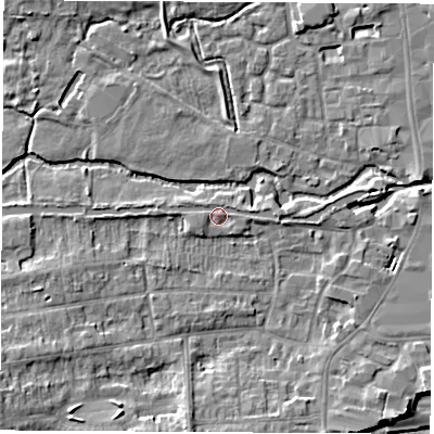 Shaded relief map of the ground around RG145HU, computed from Environment Agency LiDAR. The ground here sits at about 77 m above sea level and falls 7 m across the surrounding 800 m. Surface water reaching this point runs off ground lying to the east, 1.0 m higher.