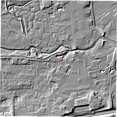 Shaded relief map of the ground around RG145HW, computed from Environment Agency LiDAR. The ground here sits at about 77 m above sea level and falls 8 m across the surrounding 800 m. Surface water reaching this point runs off ground lying to the south-west, 5.1 m higher.