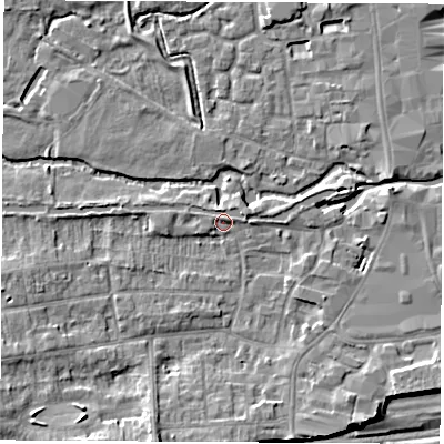 Shaded relief map of the ground around RG145HX, computed from Environment Agency LiDAR. The ground here sits at about 77 m above sea level and falls 7 m across the surrounding 800 m. Surface water reaching this point runs off ground lying to the south-south-west, 5.6 m higher.