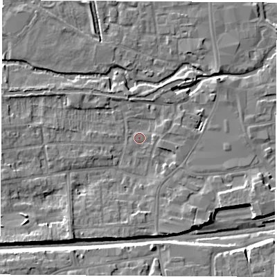 Shaded relief map of the ground around RG145HZ, computed from Environment Agency LiDAR. The ground here sits at about 76 m above sea level and falls 9 m across the surrounding 800 m. Surface water reaching this point runs off ground lying to the south-west, 5.9 m higher.