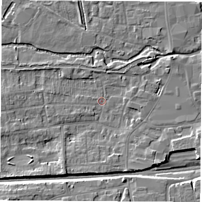 Shaded relief map of the ground around RG145JA, computed from Environment Agency LiDAR. The ground here sits at about 76 m above sea level and falls 9 m across the surrounding 800 m. Surface water reaching this point runs off ground lying to the south-west, 5.9 m higher.