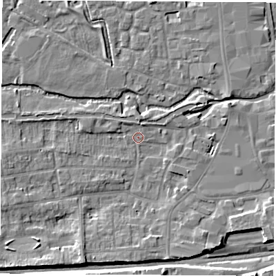 Shaded relief map of the ground around RG145JB, computed from Environment Agency LiDAR. The ground here sits at about 76 m above sea level and falls 8 m across the surrounding 800 m. Surface water reaching this point runs off ground lying to the west, 2.4 m higher.