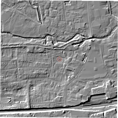 Shaded relief map of the ground around RG145JD, computed from Environment Agency LiDAR. The ground here sits at about 76 m above sea level and falls 9 m across the surrounding 800 m. Surface water reaching this point runs off ground lying to the south-west, 5.9 m higher.