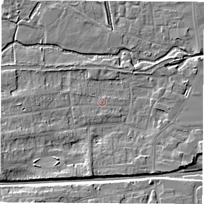 Shaded relief map of the ground around RG145JE, computed from Environment Agency LiDAR. The ground here sits at about 77 m above sea level and falls 9 m across the surrounding 800 m. Surface water reaching this point runs off ground lying to the west-south-west, 6.3 m higher.