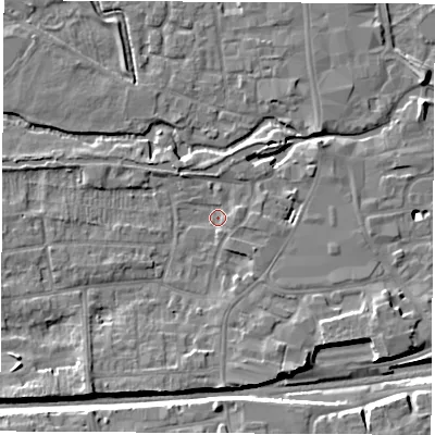 Shaded relief map of the ground around RG145JF, computed from Environment Agency LiDAR. The ground here sits at about 76 m above sea level and falls 10 m across the surrounding 800 m. Surface water reaching this point runs off ground lying to the south-west, 5.9 m higher.