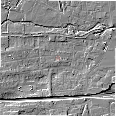 Shaded relief map of the ground around RG145JG, computed from Environment Agency LiDAR. The ground here sits at about 77 m above sea level and falls 10 m across the surrounding 800 m. Surface water reaching this point runs off ground lying to the south, 0.8 m higher.