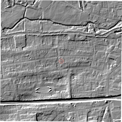 Shaded relief map of the ground around RG145JH, computed from Environment Agency LiDAR. The ground here sits at about 77 m above sea level and falls 10 m across the surrounding 800 m. Surface water reaching this point runs off ground lying to the north-north-west, 0.9 m higher.