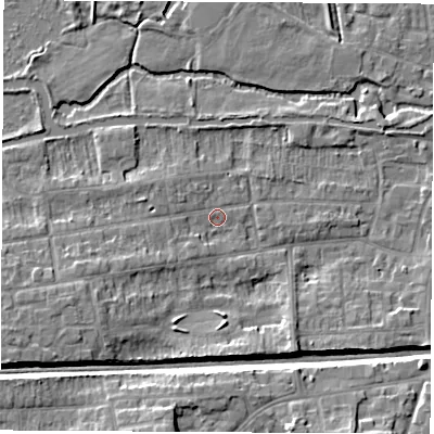 Shaded relief map of the ground around RG145JJ, computed from Environment Agency LiDAR. The ground here sits at about 77 m above sea level and falls 10 m across the surrounding 800 m. Surface water reaching this point runs off ground lying to the west-south-west, 5.8 m higher.