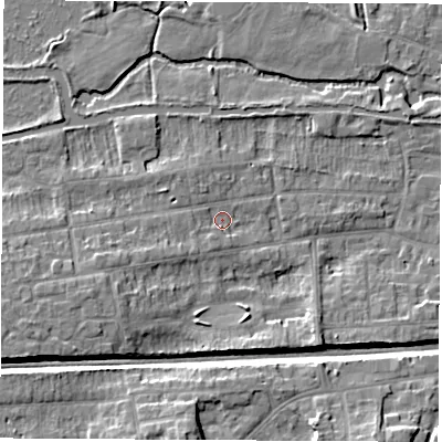 Shaded relief map of the ground around RG145JL, computed from Environment Agency LiDAR. The ground here sits at about 77 m above sea level and falls 11 m across the surrounding 800 m. Surface water reaching this point runs off ground lying to the south-west, 2.4 m higher.