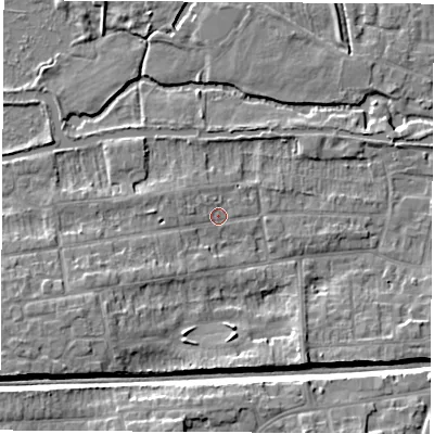 Shaded relief map of the ground around RG145JP, computed from Environment Agency LiDAR. The ground here sits at about 77 m above sea level and falls 9 m across the surrounding 800 m. Surface water reaching this point runs off ground lying to the west-south-west, 5.9 m higher.