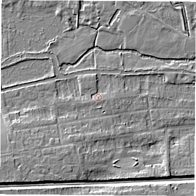 Shaded relief map of the ground around RG145JX, computed from Environment Agency LiDAR. The ground here sits at about 78 m above sea level and falls 9 m across the surrounding 800 m. Surface water reaching this point runs off ground lying to the south-east, 1.7 m higher.