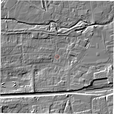Shaded relief map of the ground around RG145JZ, computed from Environment Agency LiDAR. The ground here sits at about 76 m above sea level and falls 11 m across the surrounding 800 m. Surface water reaching this point runs off ground lying to the south-west, 5.9 m higher.