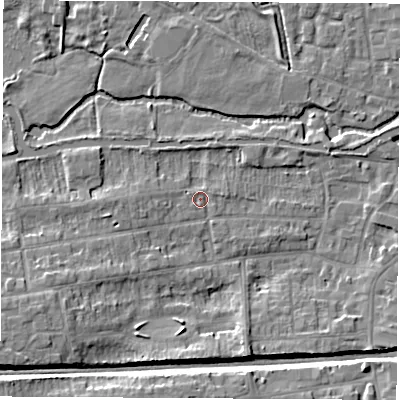 Shaded relief map of the ground around RG145LB, computed from Environment Agency LiDAR. The ground here sits at about 77 m above sea level and falls 9 m across the surrounding 800 m. Surface water reaching this point runs off ground lying to the south-west, 6.0 m higher.