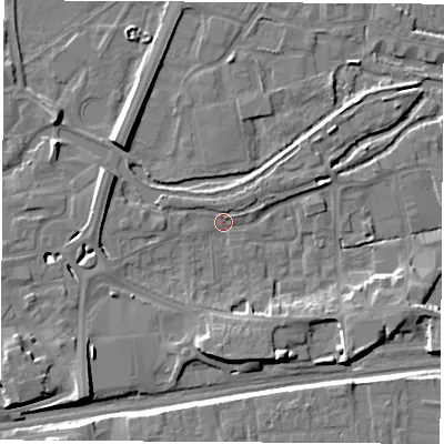 Shaded relief map of the ground around RG145LE, computed from Environment Agency LiDAR. The ground here sits at about 75 m above sea level and falls 9 m across the surrounding 800 m. Surface water reaching this point runs off ground lying to the south-west, 7.3 m higher.