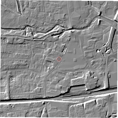 Shaded relief map of the ground around RG145LL, computed from Environment Agency LiDAR. The ground here sits at about 77 m above sea level and falls 10 m across the surrounding 800 m. Surface water reaching this point runs off ground lying to the south, 2.5 m higher.