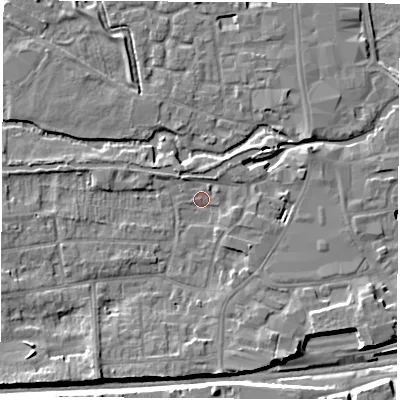 Shaded relief map of the ground around RG145LP, computed from Environment Agency LiDAR. The ground here sits at about 76 m above sea level and falls 9 m across the surrounding 800 m. Surface water reaching this point runs off ground lying to the south-west, 5.9 m higher.