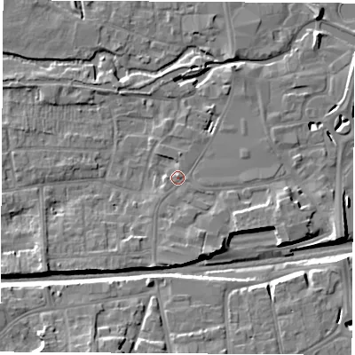 Shaded relief map of the ground around RG145LQ, computed from Environment Agency LiDAR. The ground here sits at about 77 m above sea level and falls 13 m across the surrounding 800 m. Surface water reaching this point runs off ground lying to the south-south-east, 2.3 m higher.