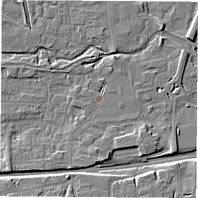 Shaded relief map of the ground around RG145LY, computed from Environment Agency LiDAR. The ground here sits at about 77 m above sea level and falls 10 m across the surrounding 800 m. Surface water reaching this point runs off ground lying to the south, 3.9 m higher.