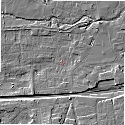 Shaded relief map of the ground around RG145NE, computed from Environment Agency LiDAR. The ground here sits at about 76 m above sea level and falls 11 m across the surrounding 800 m. Surface water reaching this point runs off ground lying to the south-west, 5.7 m higher.