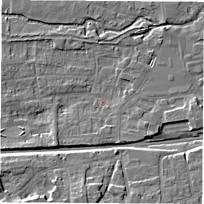 Shaded relief map of the ground around RG145NG, computed from Environment Agency LiDAR. The ground here sits at about 76 m above sea level and falls 12 m across the surrounding 800 m. Surface water reaching this point runs off ground lying to the south-west, 5.2 m higher.