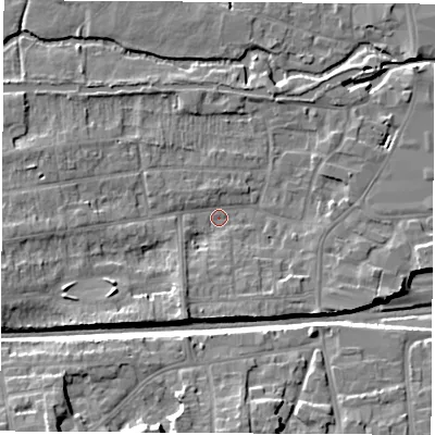 Shaded relief map of the ground around RG145NH, computed from Environment Agency LiDAR. The ground here sits at about 76 m above sea level and falls 12 m across the surrounding 800 m. Surface water reaching this point runs off ground lying to the south-west, 5.9 m higher.