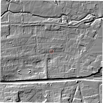 Shaded relief map of the ground around RG145NJ, computed from Environment Agency LiDAR. The ground here sits at about 77 m above sea level and falls 12 m across the surrounding 800 m. Surface water reaching this point runs off ground lying to the west-south-west, 6.3 m higher.