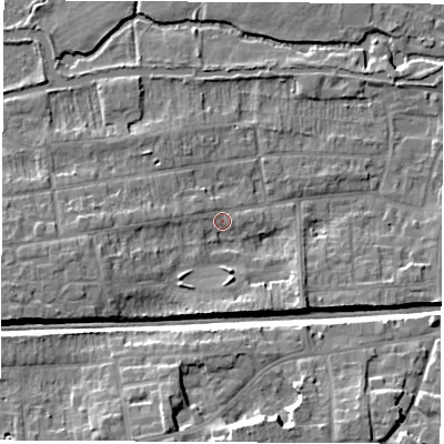 Shaded relief map of the ground around RG145NL, computed from Environment Agency LiDAR. The ground here sits at about 77 m above sea level and falls 12 m across the surrounding 800 m. Surface water reaching this point runs off ground lying to the west-north-west, 1.8 m higher.