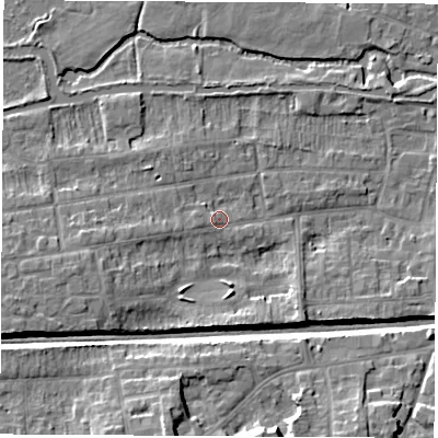 Shaded relief map of the ground around RG145NP, computed from Environment Agency LiDAR. The ground here sits at about 78 m above sea level and falls 12 m across the surrounding 800 m. Surface water reaching this point runs off ground lying to the south-west, 1.3 m higher.