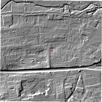 Shaded relief map of the ground around RG145PB, computed from Environment Agency LiDAR. The ground here sits at about 76 m above sea level and falls 12 m across the surrounding 800 m. Surface water reaching this point runs off ground lying to the south, 5.7 m higher.