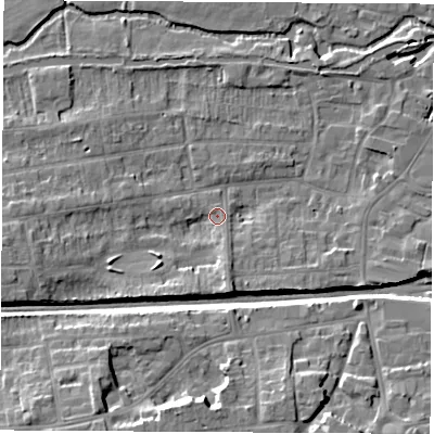 Shaded relief map of the ground around RG145PD, computed from Environment Agency LiDAR. The ground here sits at about 77 m above sea level and falls 12 m across the surrounding 800 m. Surface water reaching this point runs off ground lying to the west-south-west, 5.8 m higher.