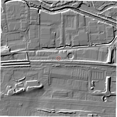 Shaded relief map of the ground around RG145PF, computed from Environment Agency LiDAR. The ground here sits at about 74 m above sea level and falls 11 m across the surrounding 800 m. Surface water reaching this point runs off ground lying to the south-south-west, 1.3 m higher.
