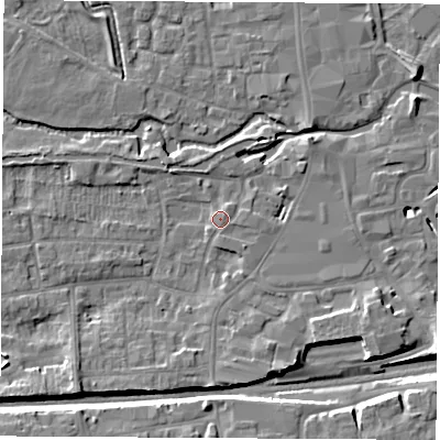 Shaded relief map of the ground around RG145PG, computed from Environment Agency LiDAR. The ground here sits at about 77 m above sea level and falls 10 m across the surrounding 800 m. Surface water reaching this point runs off ground lying to the south-west, 5.7 m higher.
